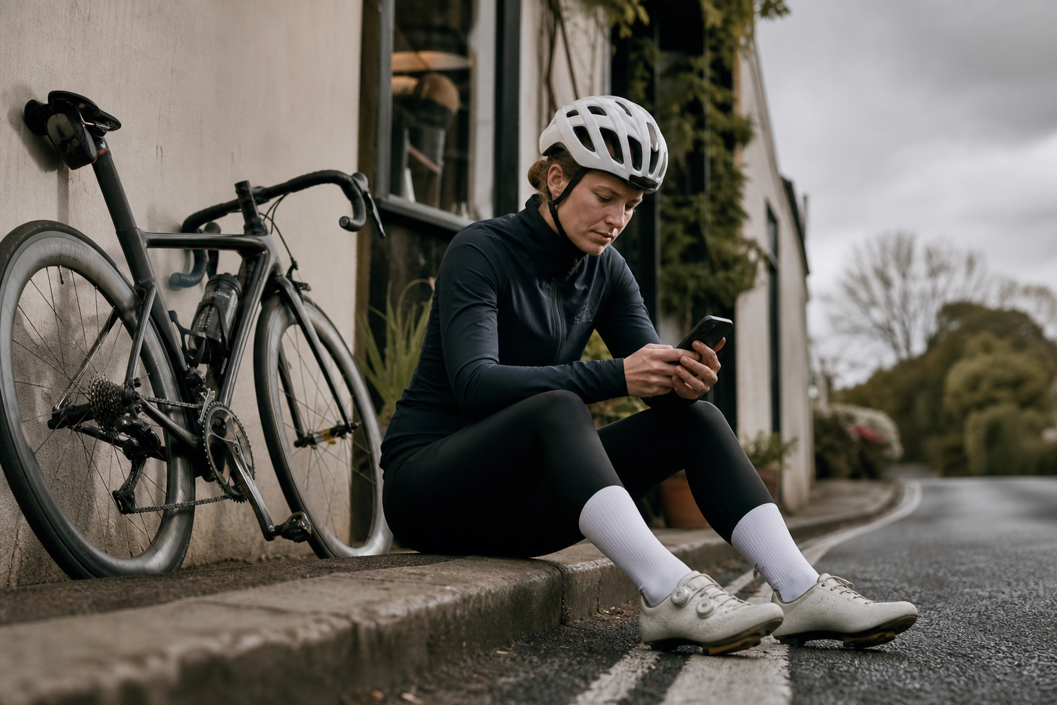 Cyclist checking their phone after a training ride, sitting on a curb next to their bike